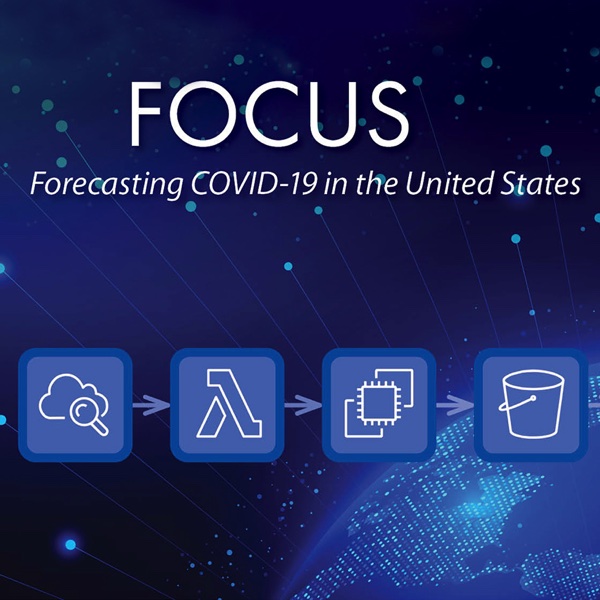 Stylized globe with workflow and the text "FOCUS: Forecasting COVID-19 in the United States"