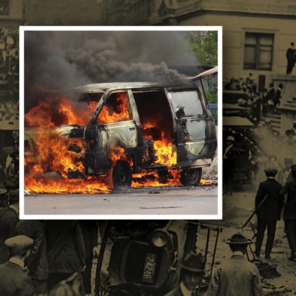 Image of burning minivan over historical image of Wall Street bombing