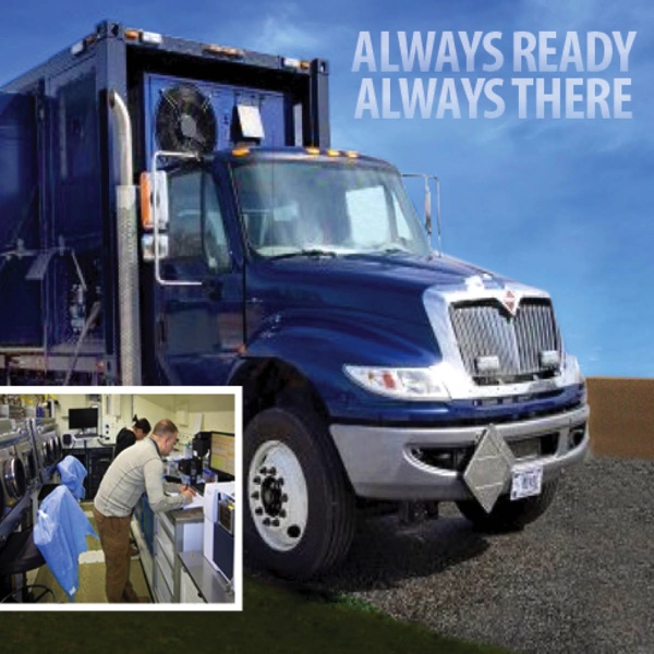 Mobile lab, men working in lab, and text "Always ready, always there"