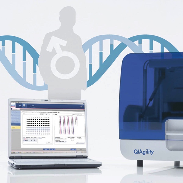 Male symbol on illustration of a male figure in front of DNA helix and laptop and QIAgility device