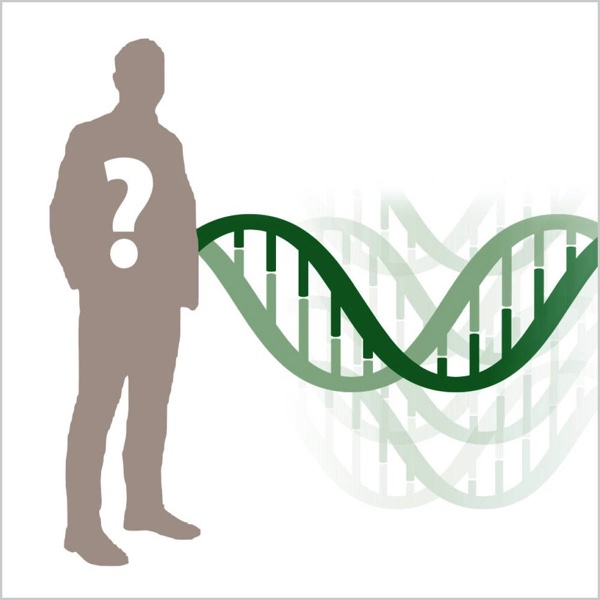 Question mark over an Illustration of a male figure with DNA helices