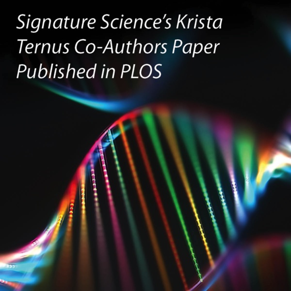Stylized DNA helix with text "Signature Science's Krista Ternus Co-Authors Paper Published in PLOS"