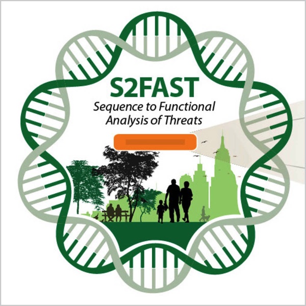 Cityscape surrounded by a DNA helix and the text "S2FAST: Sequence to Functional Analysis of Threats"