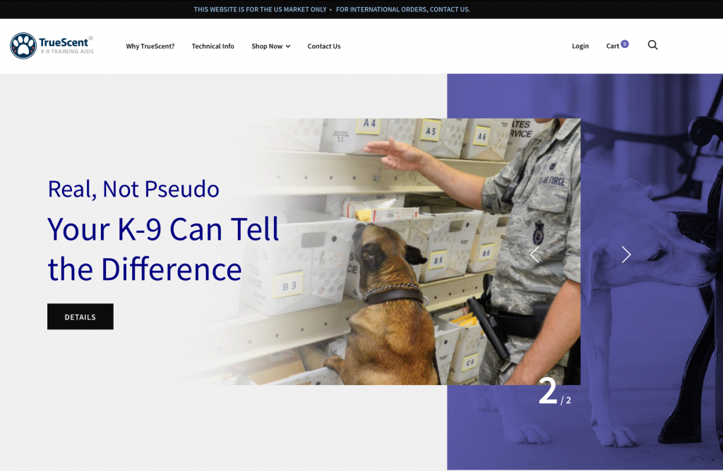 A screen snapshot of the home page for the TrueScent: K-9 Training Aids website.