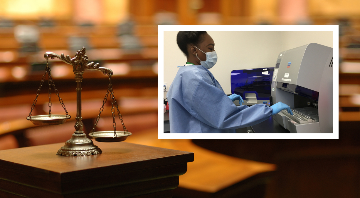 Scales of justice and technician working in a forensic DNA laboratory