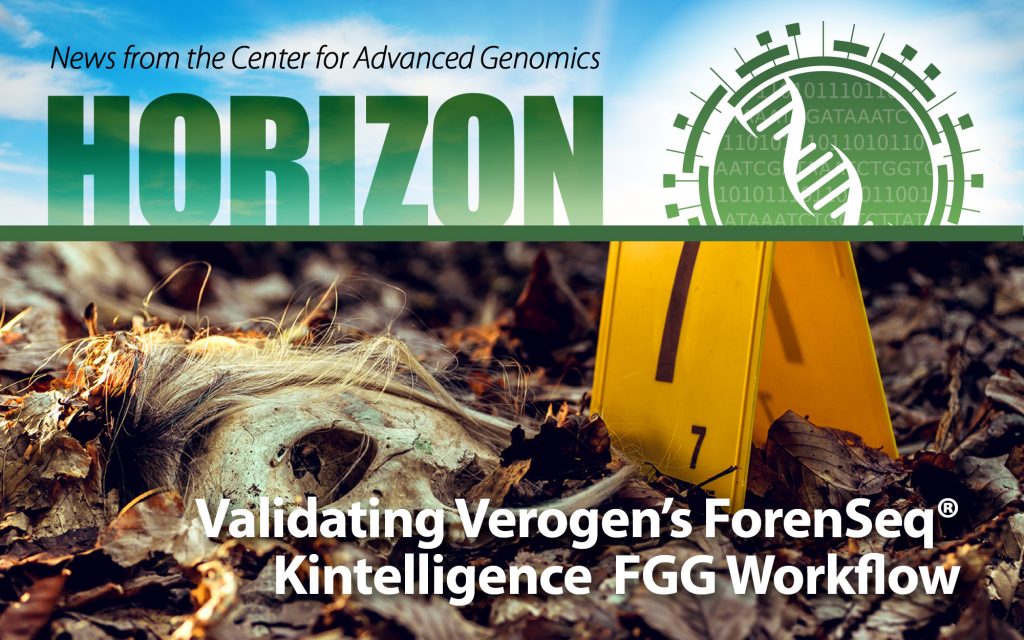 Horizon Newsletter banner. Photo of skull lying in dead leaves with an evidence marker. Text reads "Validating Verogen's ForenSeq® Kintelligence FGG Workflow."