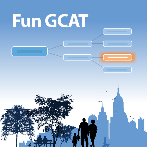 Illustration of cityscape, workflow diagram and the text "Fun GCAT"