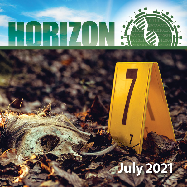 Horizon Newsletter Banner. Skull lying in dead leaves with an evidence marker. Text reads "July 2021"