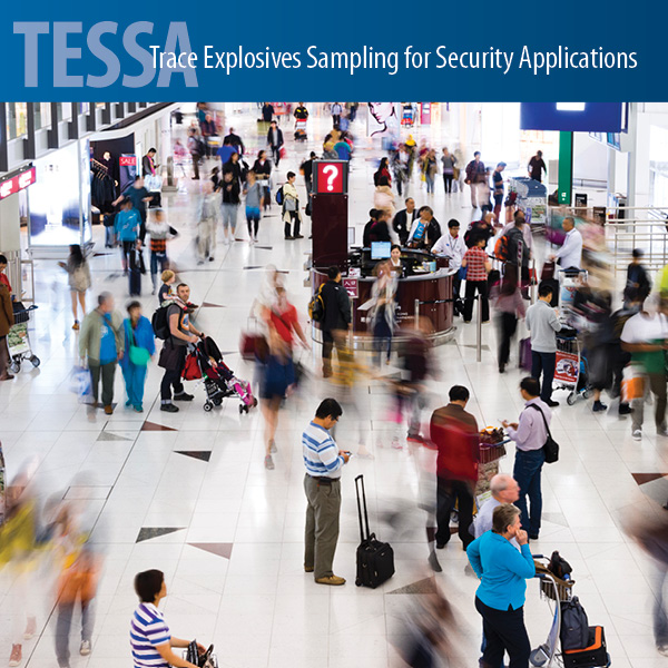 Photo of travelers in an airport and the text "TESSA: Trace Explosives Sampling for Security Applications