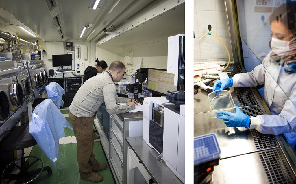 Two photos. One of two scientists
working in a mobile laboratory and another where a scientist is working under a fume hood.