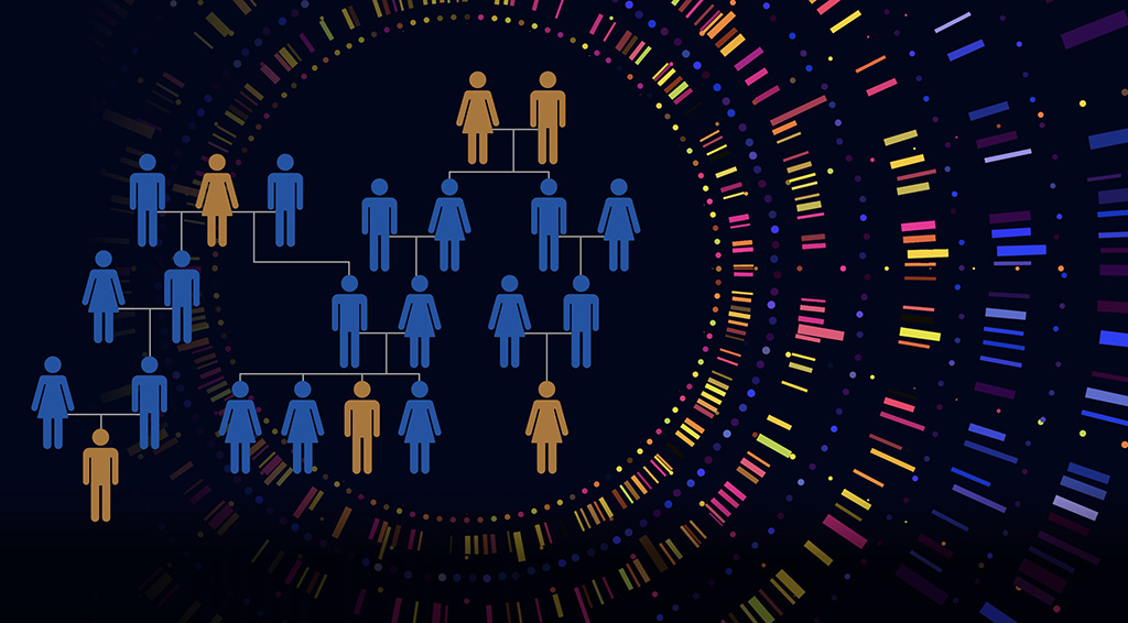 Abstract genetic report with family tree diagram