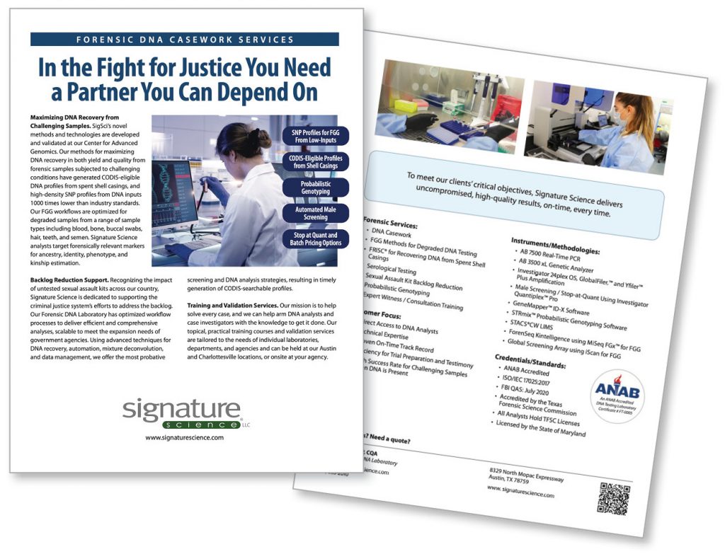 Photo of front and back of brochure for Signature Science Forensic DNA Casework Services.
