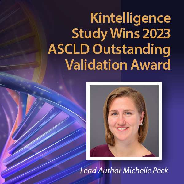 Kintelligence Paper wins 2023 ascld outstanding validation award. purple background with DNA helix. Headshot of author to the right side