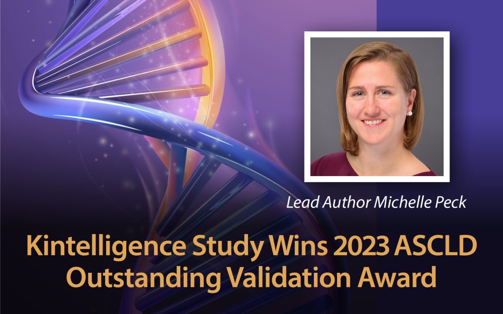 Kintelligence Paper wins 2023 ascld outstanding validation award. purple background with DNA helix. Headshot of author to the right side