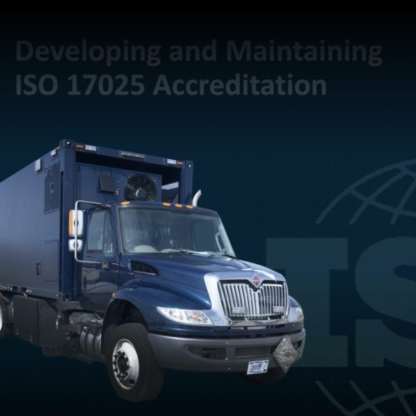Exterior of a mobile laboratory truck with text in the background reading "Developing and Maintaining ISO 17025 Accreditation."