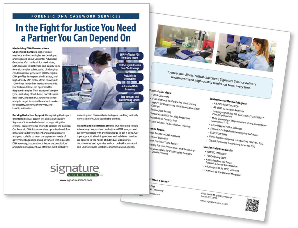 Thumbnail showing front and back of a SigSci "Forensic DNA Casework Services" brochure