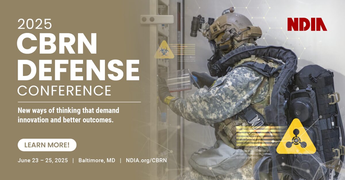 Image showing text on the left side and an image of an operator in military PPE. Text Reads: 2025 CBRN Defense Conference. New Ways of thinking that demand innovations and better outcomes