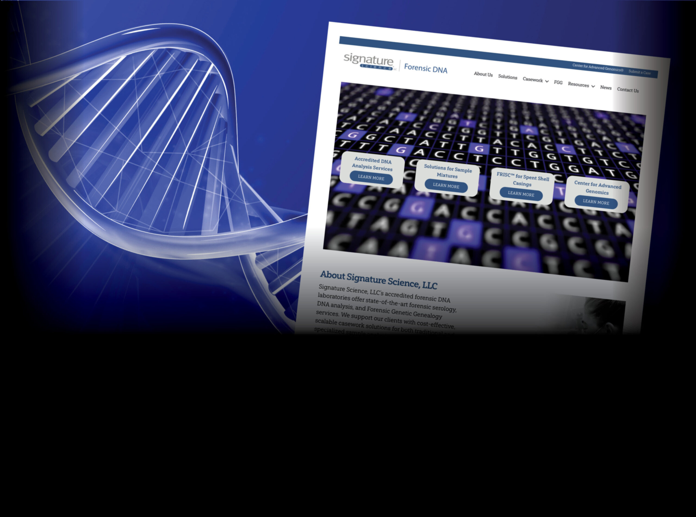 Thumbnail of the SigSci Forensic DNA home page with DNA helix in background