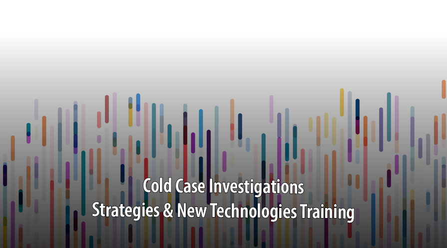 White background with colorful lines representing electrophoresis and the words cold case investigation strategies & new technologies training