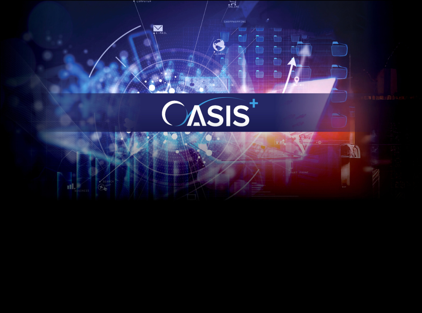 OASIS+ logo over a graphic illustrating online activity