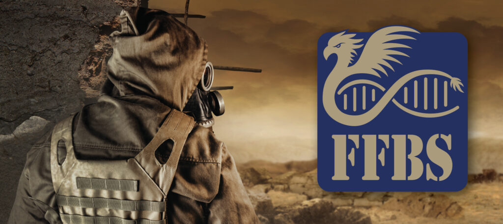 Soldier in protective mask looking over desolate war zone. Logo on the right side that shows FFBS