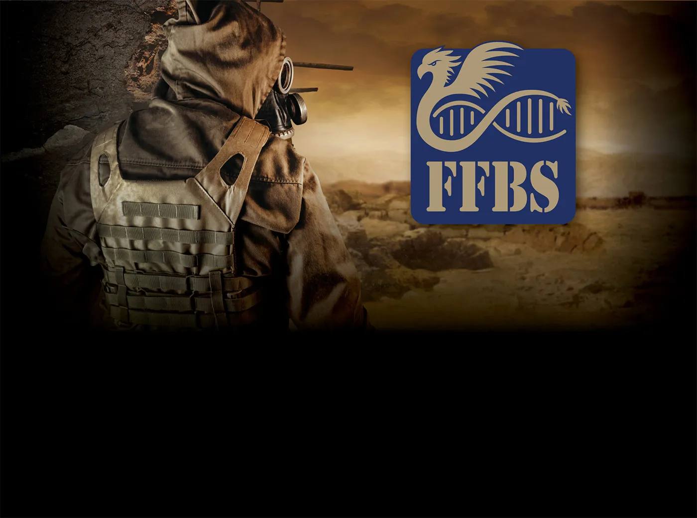 Photo of a figure in personal protective gear looking out over a dusty landscape. FFBS logo.